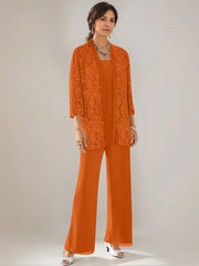 3 Pieces Scoop Neck 3 4 Sleeves Ankle Length Mother Of The Bride Pantsuits With Lace Sequins Jacket