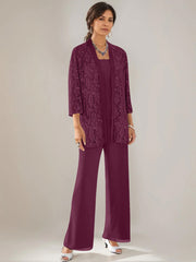 3 Pieces Scoop Neck 3 4 Sleeves Ankle Length Mother Of The Bride Pantsuits With Lace Sequins Jacket