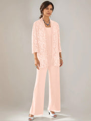 3 Pieces Scoop Neck 3 4 Sleeves Ankle Length Mother Of The Bride Pantsuits With Lace Sequins Jacket