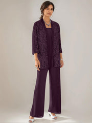 3 Pieces Scoop Neck 3 4 Sleeves Ankle Length Mother Of The Bride Pantsuits With Lace Sequins Jacket