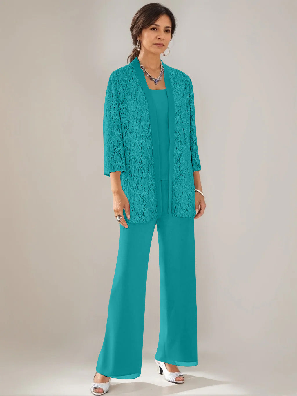 3 Pieces Scoop Neck 3 4 Sleeves Ankle Length Mother Of The Bride Pantsuits With Lace Sequins Jacket