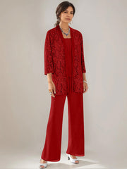3 Pieces Scoop Neck 3 4 Sleeves Ankle Length Mother Of The Bride Pantsuits With Lace Sequins Jacket