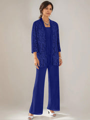 3 Pieces Scoop Neck 3 4 Sleeves Ankle Length Mother Of The Bride Pantsuits With Lace Sequins Jacket