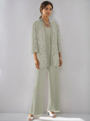 3 Pieces Scoop Neck 3 4 Sleeves Ankle Length Mother Of The Bride Pantsuits With Lace Sequins Jacket