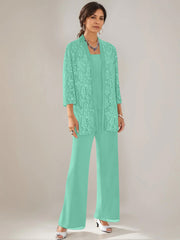 3 Pieces Scoop Neck 3 4 Sleeves Ankle Length Mother Of The Bride Pantsuits With Lace Sequins Jacket