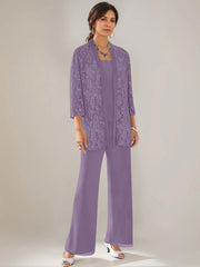 3 Pieces Scoop Neck 3/4 Sleeves Ankle-Length Mother of the Bride Pantsuits with Lace & Sequins & Jacket