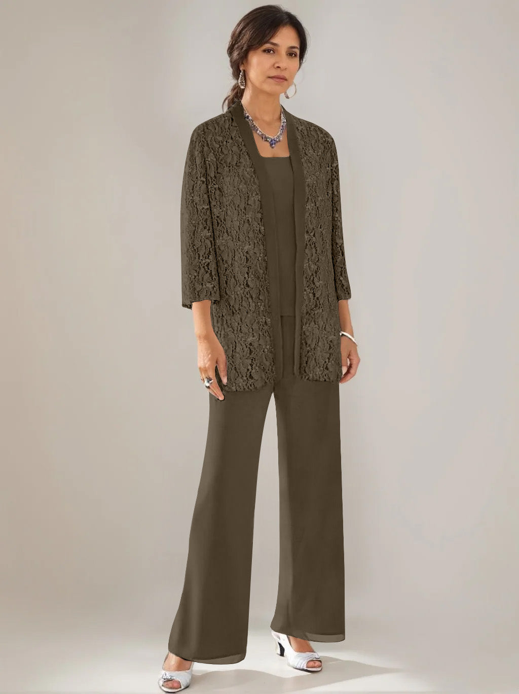 3 Pieces Scoop Neck 3 4 Sleeves Ankle Length Mother Of The Bride Pantsuits With Lace Sequins Jacket