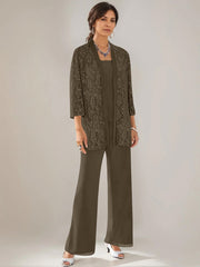 3 Pieces Scoop Neck 3 4 Sleeves Ankle Length Mother Of The Bride Pantsuits With Lace Sequins Jacket