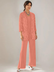 3 Pieces Scoop Neck 3/4 Sleeves Ankle-Length Mother of the Bride Pantsuits with Lace & Sequins & Jacket
