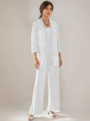 3 Pieces Scoop Neck 3 4 Sleeves Ankle Length Mother Of The Bride Pantsuits With Lace Sequins Jacket