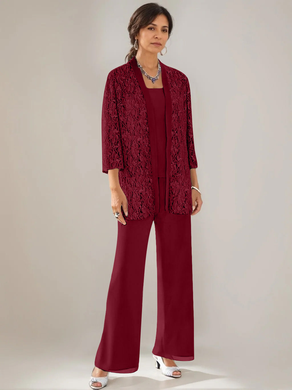 3 Pieces Scoop Neck 3 4 Sleeves Ankle Length Mother Of The Bride Pantsuits With Lace Sequins Jacket