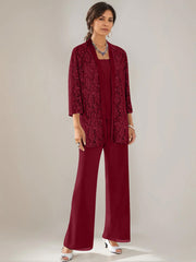 3 Pieces Scoop Neck 3 4 Sleeves Ankle Length Mother Of The Bride Pantsuits With Lace Sequins Jacket