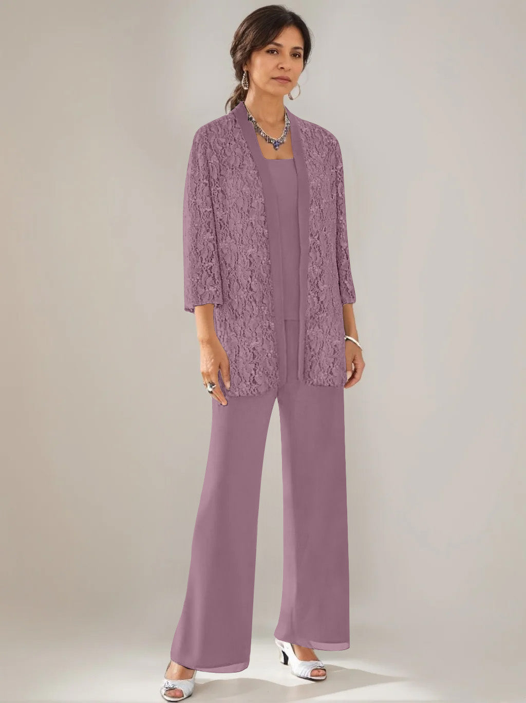 3 Pieces Scoop Neck 3 4 Sleeves Ankle Length Mother Of The Bride Pantsuits With Lace Sequins Jacket