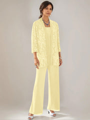 3 Pieces Scoop Neck 3 4 Sleeves Ankle Length Mother Of The Bride Pantsuits With Lace Sequins Jacket