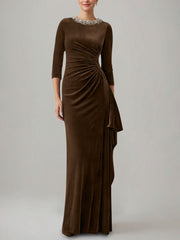 Sheath/Column Jewel Neck Velvet Mother of the Bride Dresses 3/4 Sleeves Floor-Length Ruched