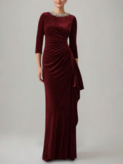 Sheath Column Jewel Neck Velvet Mother Of The Bride Dresses 3 4 Sleeves Floor Length Ruched