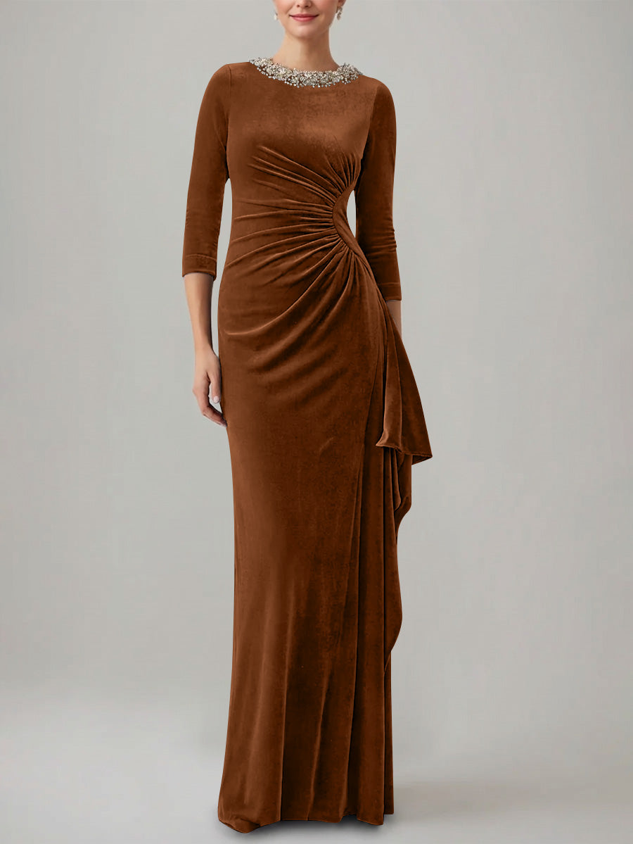 Sheath Column Jewel Neck Velvet Mother Of The Bride Dresses 3 4 Sleeves Floor Length Ruched