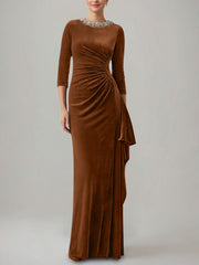 Sheath/Column Jewel Neck Velvet Mother of the Bride Dresses 3/4 Sleeves Floor-Length Ruched
