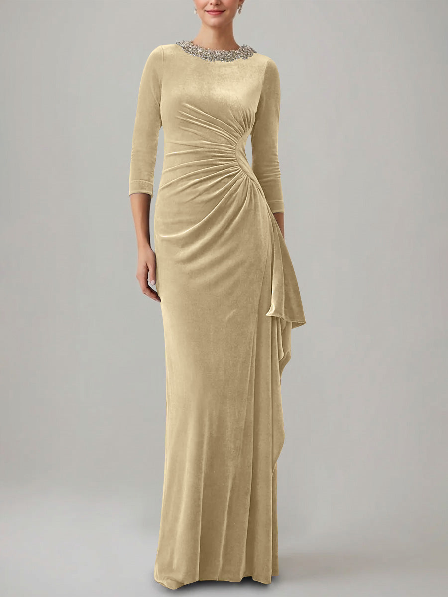 Sheath Column Jewel Neck Velvet Mother Of The Bride Dresses 3 4 Sleeves Floor Length Ruched