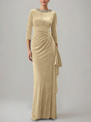 Sheath/Column Jewel Neck Velvet Mother of the Bride Dresses 3/4 Sleeves Floor-Length Ruched