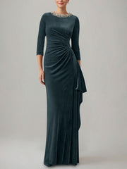 Sheath Column Jewel Neck Velvet Mother Of The Bride Dresses 3 4 Sleeves Floor Length Ruched