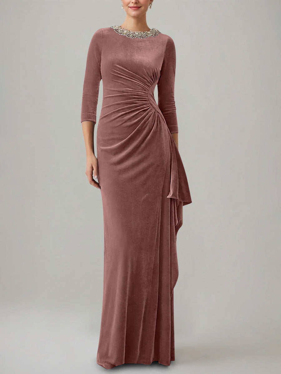 Sheath Column Jewel Neck Velvet Mother Of The Bride Dresses 3 4 Sleeves Floor Length Ruched