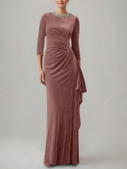 Sheath/Column Jewel Neck Velvet Mother of the Bride Dresses 3/4 Sleeves Floor-Length Ruched