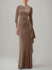 Sheath/Column Jewel Neck Velvet Mother of the Bride Dresses 3/4 Sleeves Floor-Length Ruched