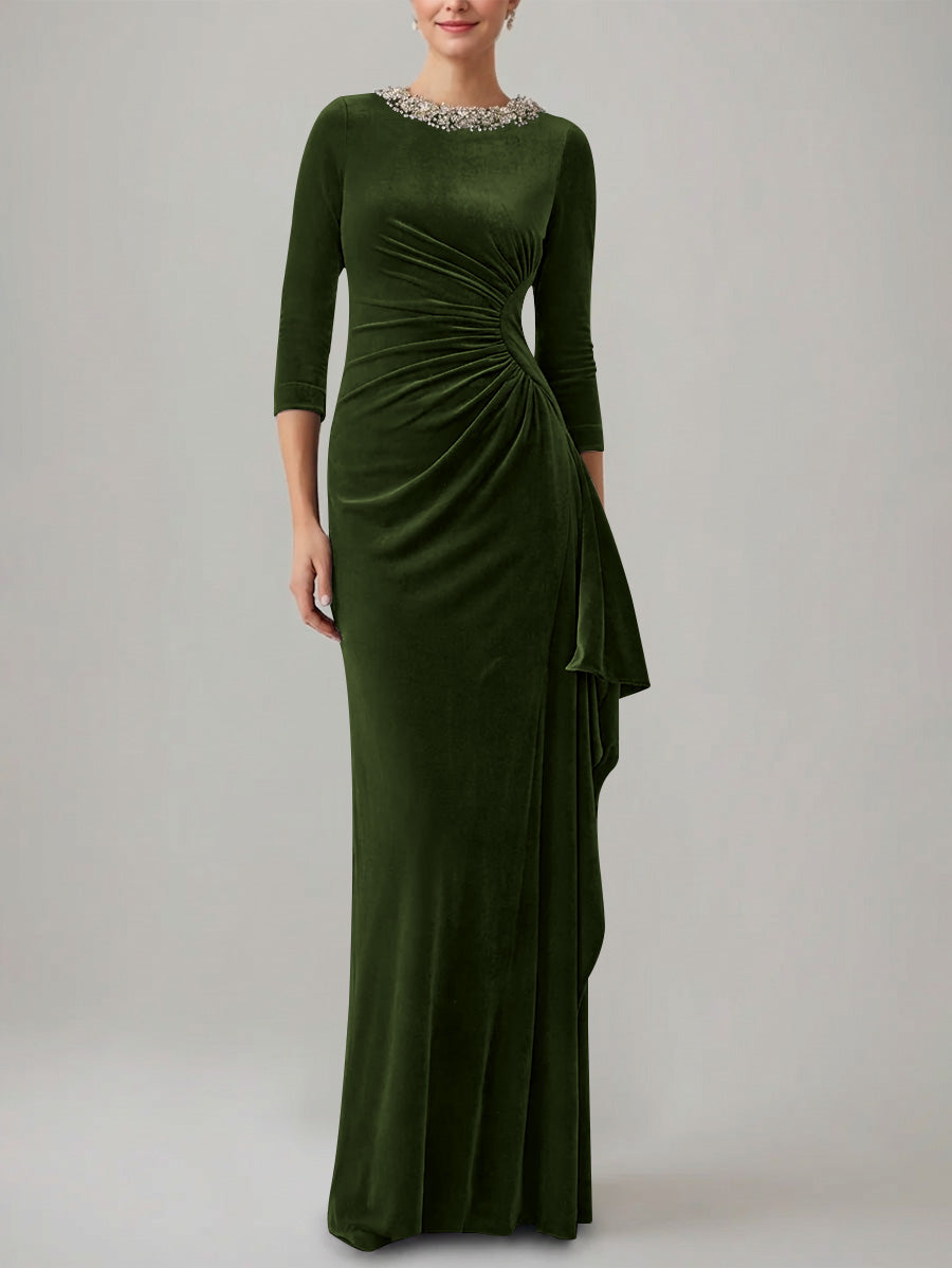 Sheath Column Jewel Neck Velvet Mother Of The Bride Dresses 3 4 Sleeves Floor Length Ruched