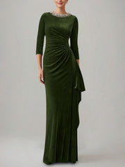 Sheath/Column Jewel Neck Velvet Mother of the Bride Dresses 3/4 Sleeves Floor-Length Ruched