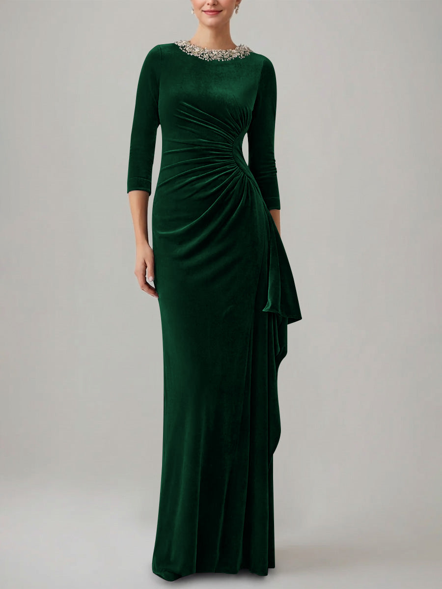 Sheath Column Jewel Neck Velvet Mother Of The Bride Dresses 3 4 Sleeves Floor Length Ruched