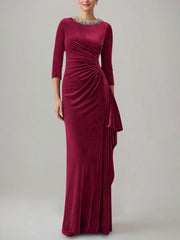 Sheath Column Jewel Neck Velvet Mother Of The Bride Dresses 3 4 Sleeves Floor Length Ruched