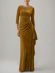 Sheath/Column Jewel Neck Velvet Mother of the Bride Dresses 3/4 Sleeves Floor-Length Ruched