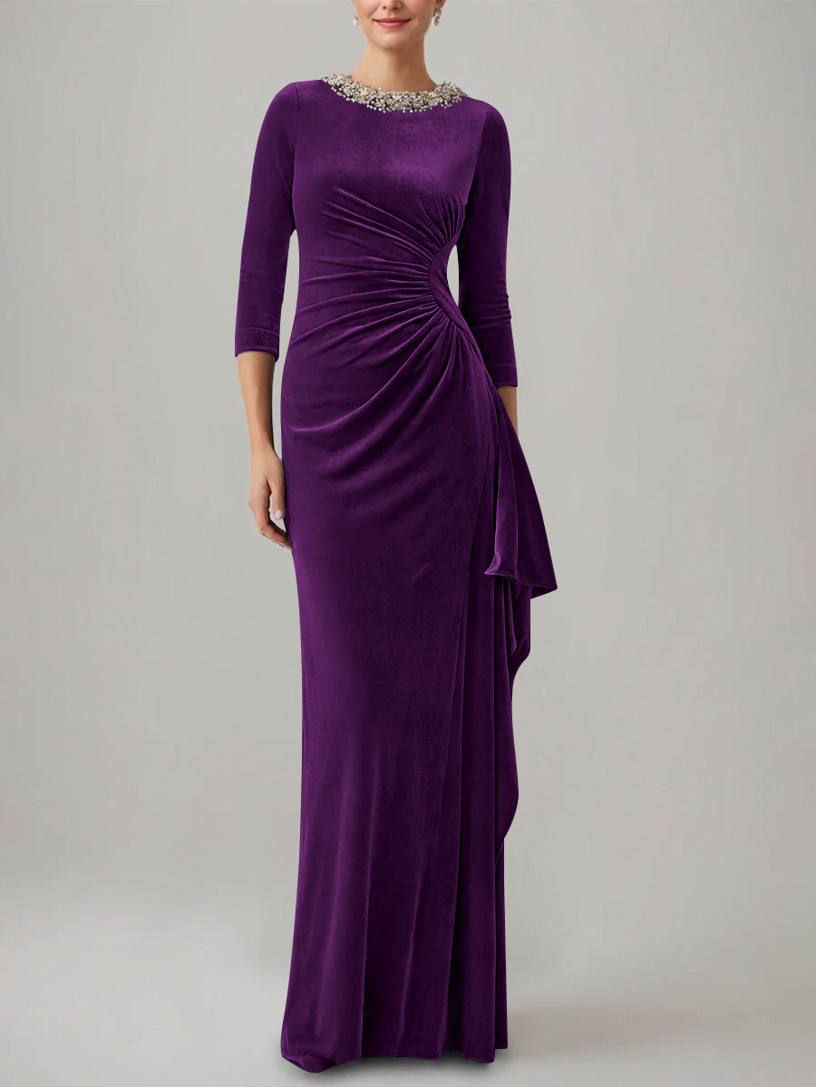 Sheath Column Jewel Neck Velvet Mother Of The Bride Dresses 3 4 Sleeves Floor Length Ruched