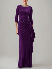 Sheath Column Jewel Neck Velvet Mother Of The Bride Dresses 3 4 Sleeves Floor Length Ruched