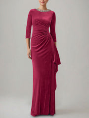 Sheath/Column Jewel Neck Velvet Mother of the Bride Dresses 3/4 Sleeves Floor-Length Ruched