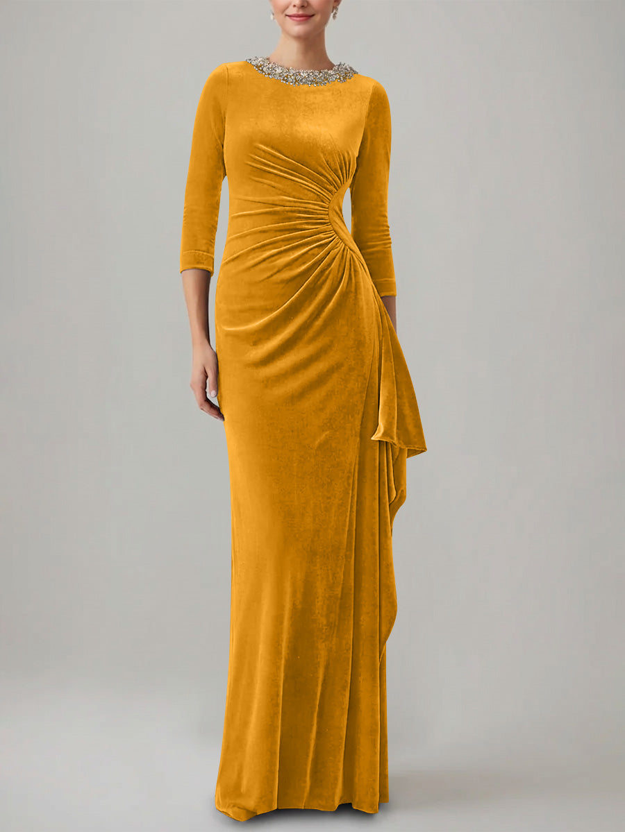 Sheath Column Jewel Neck Velvet Mother Of The Bride Dresses 3 4 Sleeves Floor Length Ruched