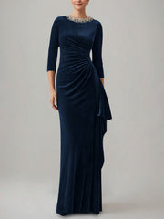 Sheath Column Jewel Neck Velvet Mother Of The Bride Dresses 3 4 Sleeves Floor Length Ruched