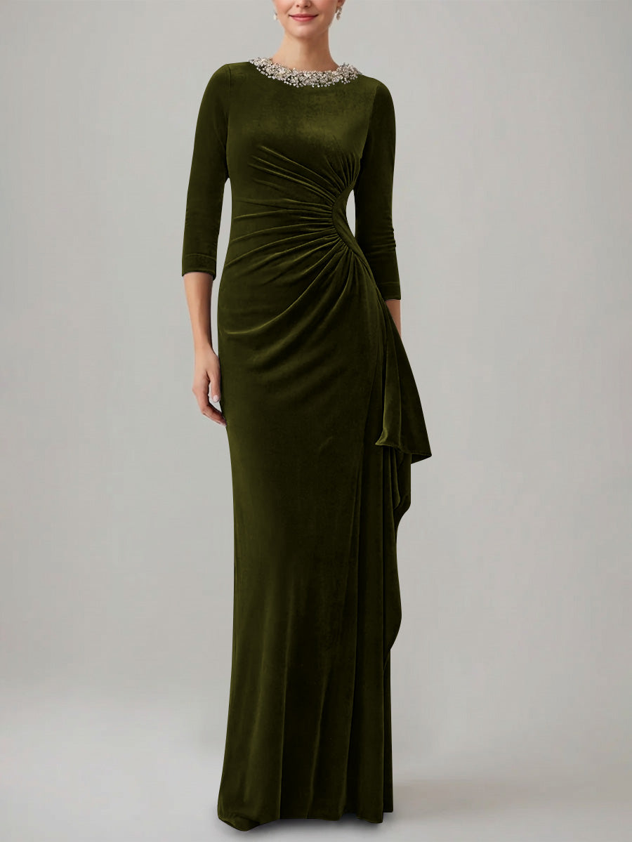 Sheath Column Jewel Neck Velvet Mother Of The Bride Dresses 3 4 Sleeves Floor Length Ruched