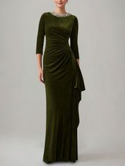 Sheath Column Jewel Neck Velvet Mother Of The Bride Dresses 3 4 Sleeves Floor Length Ruched