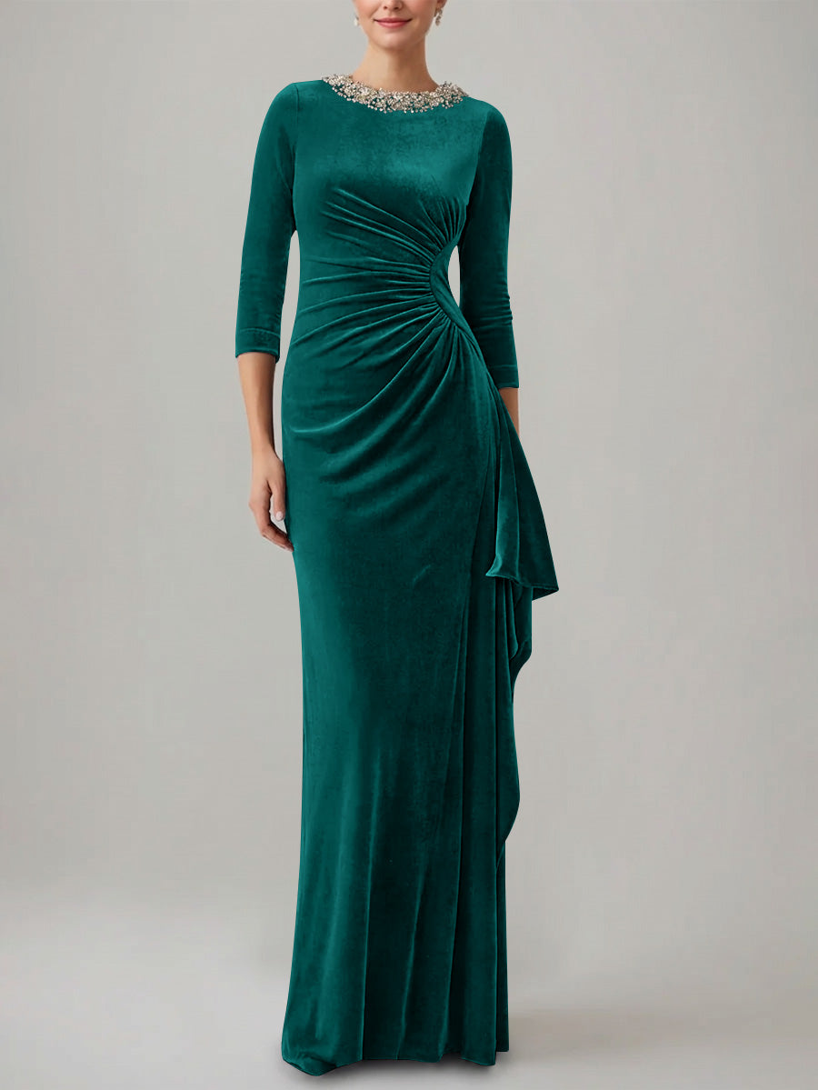 Sheath Column Jewel Neck Velvet Mother Of The Bride Dresses 3 4 Sleeves Floor Length Ruched