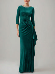 Sheath Column Jewel Neck Velvet Mother Of The Bride Dresses 3 4 Sleeves Floor Length Ruched