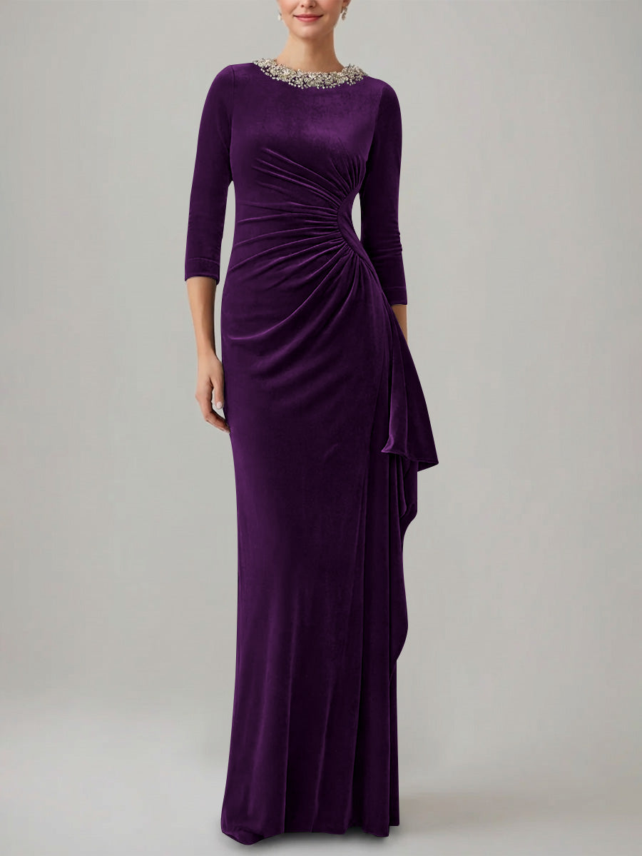 Sheath Column Jewel Neck Velvet Mother Of The Bride Dresses 3 4 Sleeves Floor Length Ruched