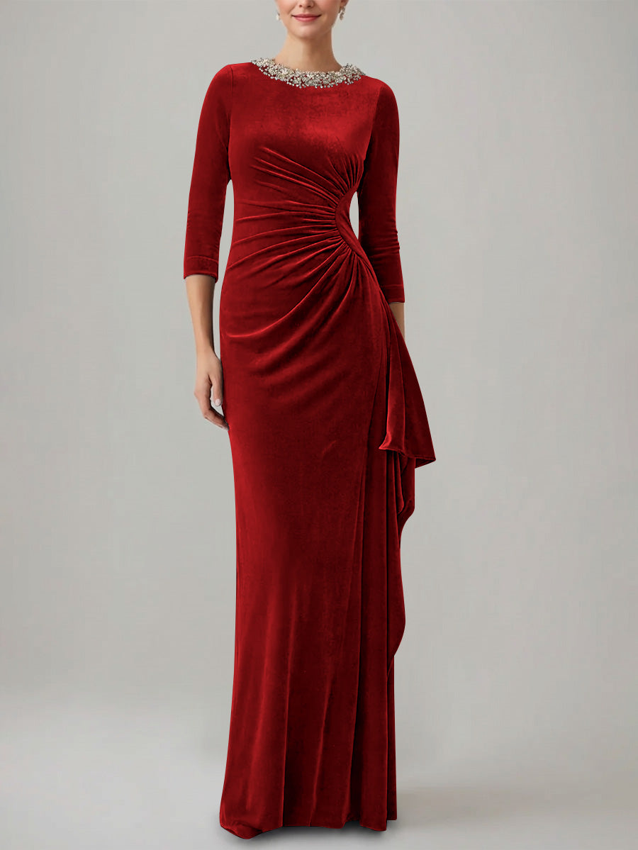 Sheath Column Jewel Neck Velvet Mother Of The Bride Dresses 3 4 Sleeves Floor Length Ruched