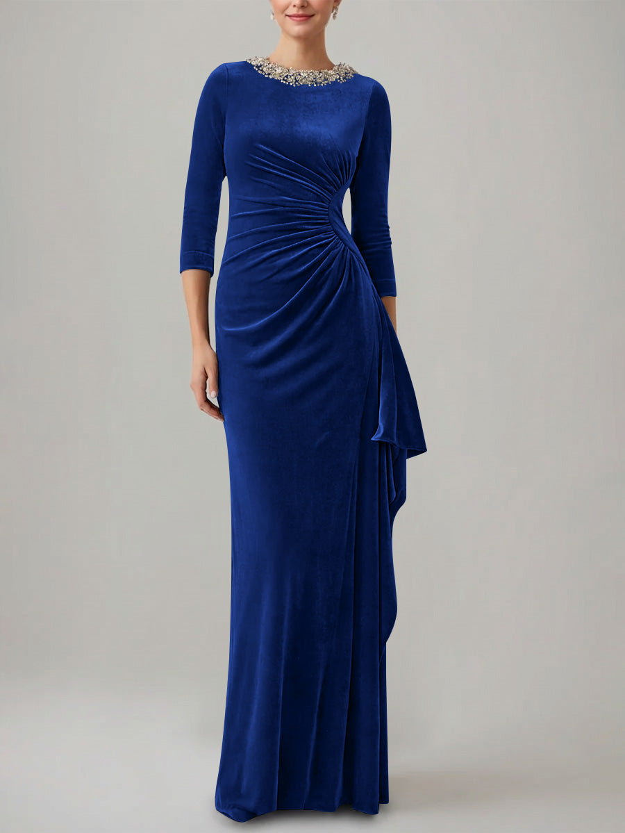 Sheath Column Jewel Neck Velvet Mother Of The Bride Dresses 3 4 Sleeves Floor Length Ruched