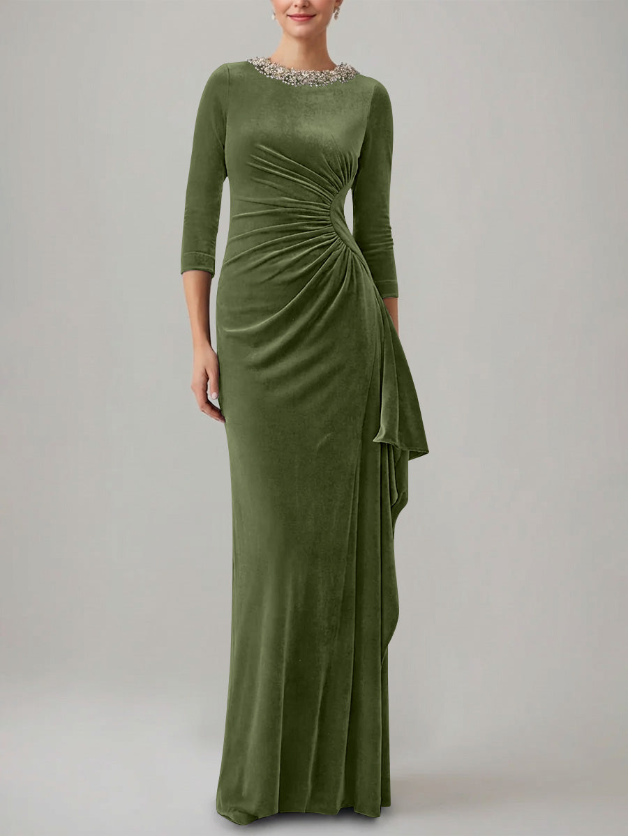 Sheath Column Jewel Neck Velvet Mother Of The Bride Dresses 3 4 Sleeves Floor Length Ruched