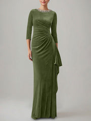 Sheath Column Jewel Neck Velvet Mother Of The Bride Dresses 3 4 Sleeves Floor Length Ruched