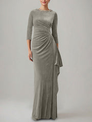 Sheath Column Jewel Neck Velvet Mother Of The Bride Dresses 3 4 Sleeves Floor Length Ruched