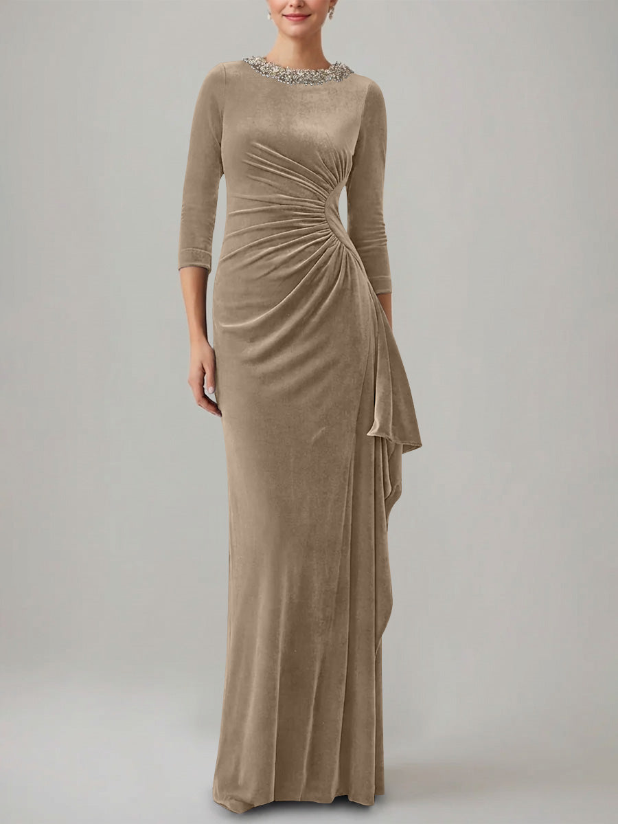 Sheath Column Jewel Neck Velvet Mother Of The Bride Dresses 3 4 Sleeves Floor Length Ruched