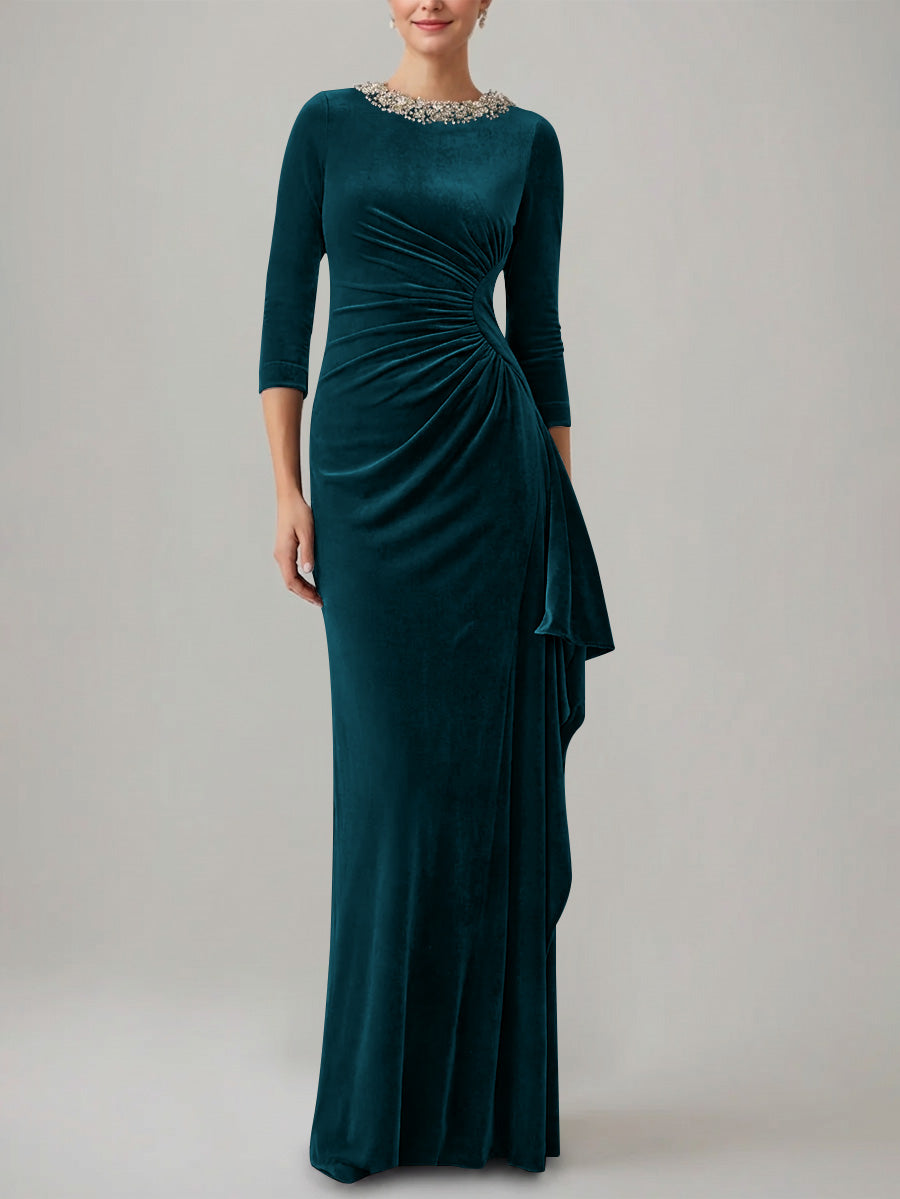 Sheath Column Jewel Neck Velvet Mother Of The Bride Dresses 3 4 Sleeves Floor Length Ruched